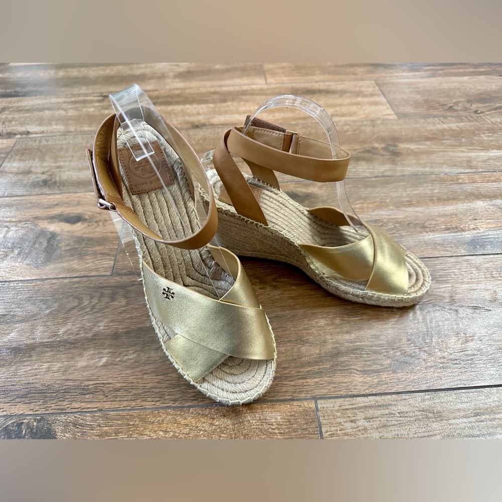 Tory Burch Bima Wedge Sandal Gold/Tan 9, Tory Burch Gold Espadrilles 9